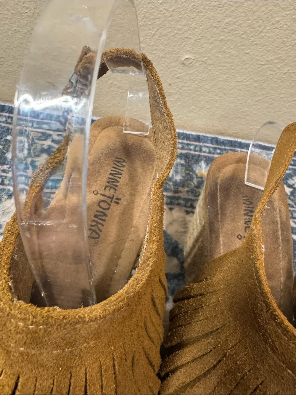 Minnetonka Suede Fringe Espadrille Wedges in Tan Brown